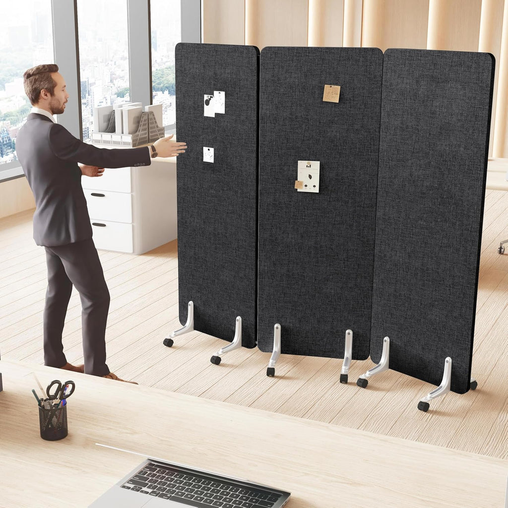 70.8" W x 63" H Freestanding Partition Room Dividers, Acoustic Panels with Wheels, 3 Soundproof Privacy Panels for Office, Reception Room, School, Hospital, Dark Grey